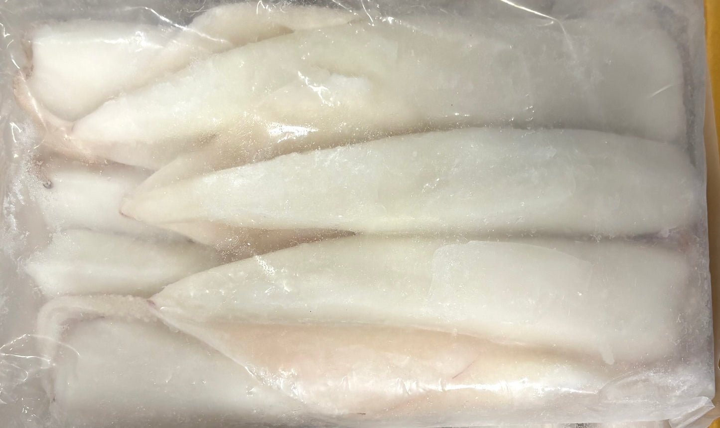 Frozen squid sealed in clear plastic packaging, showing a smooth white surface with light frosty texture.