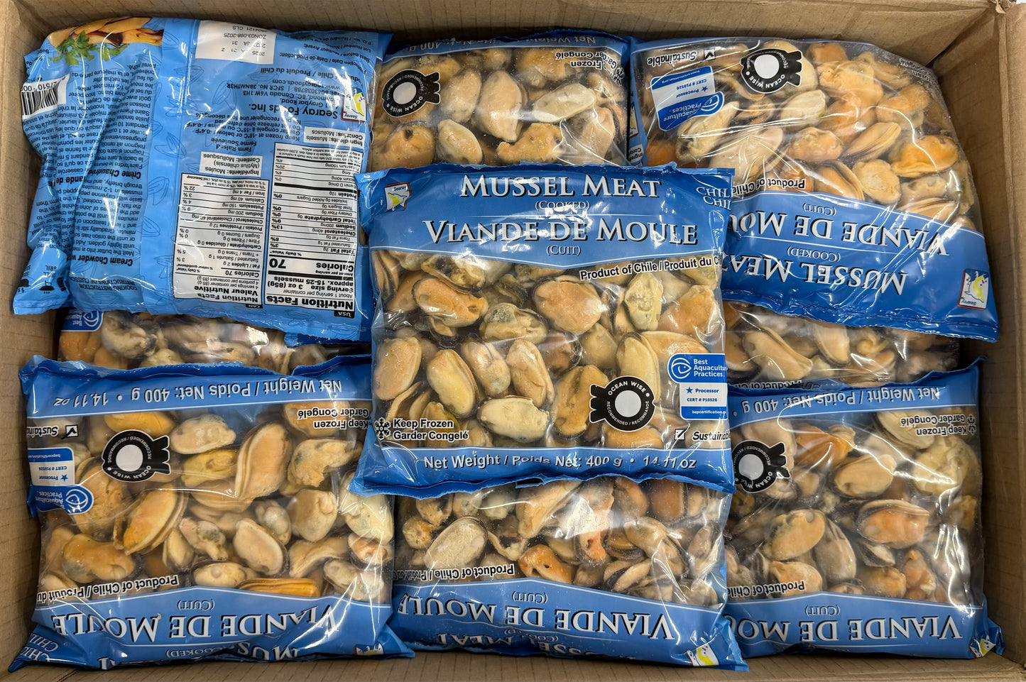 Mussels Meat,(Cooked), Frozen, Chile, NW, 22.05 lb, (25x400g)