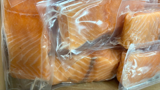 Salmon (Atlantic), 4 oz, Portions, Skinless, Boneless, Frozen, IVP, Norway, NW, 10 lb