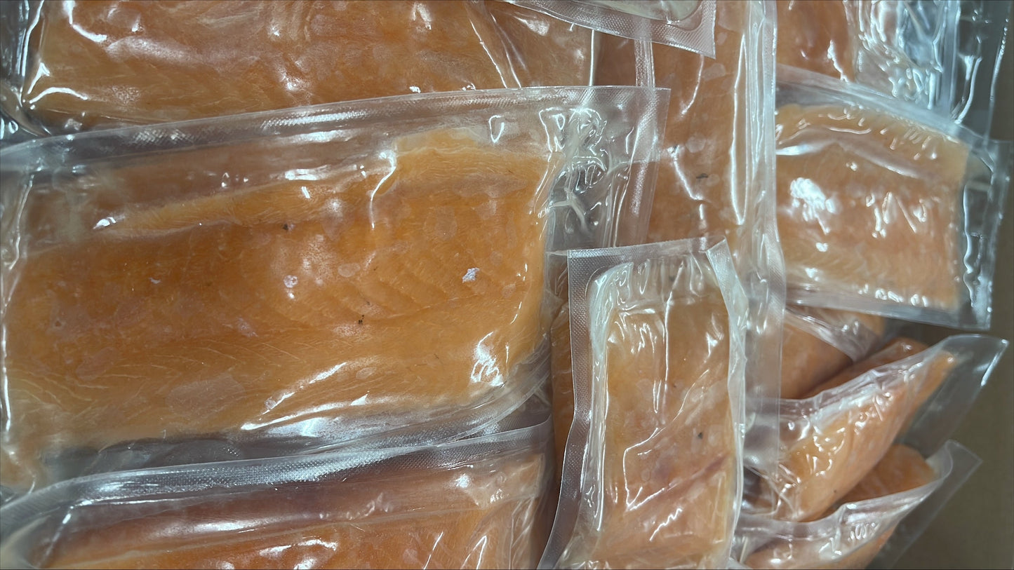 Salmon (Atlantic), 8 oz, Portions, Skinless, Boneless, Frozen, IVP, Norway, NW, 10 lb