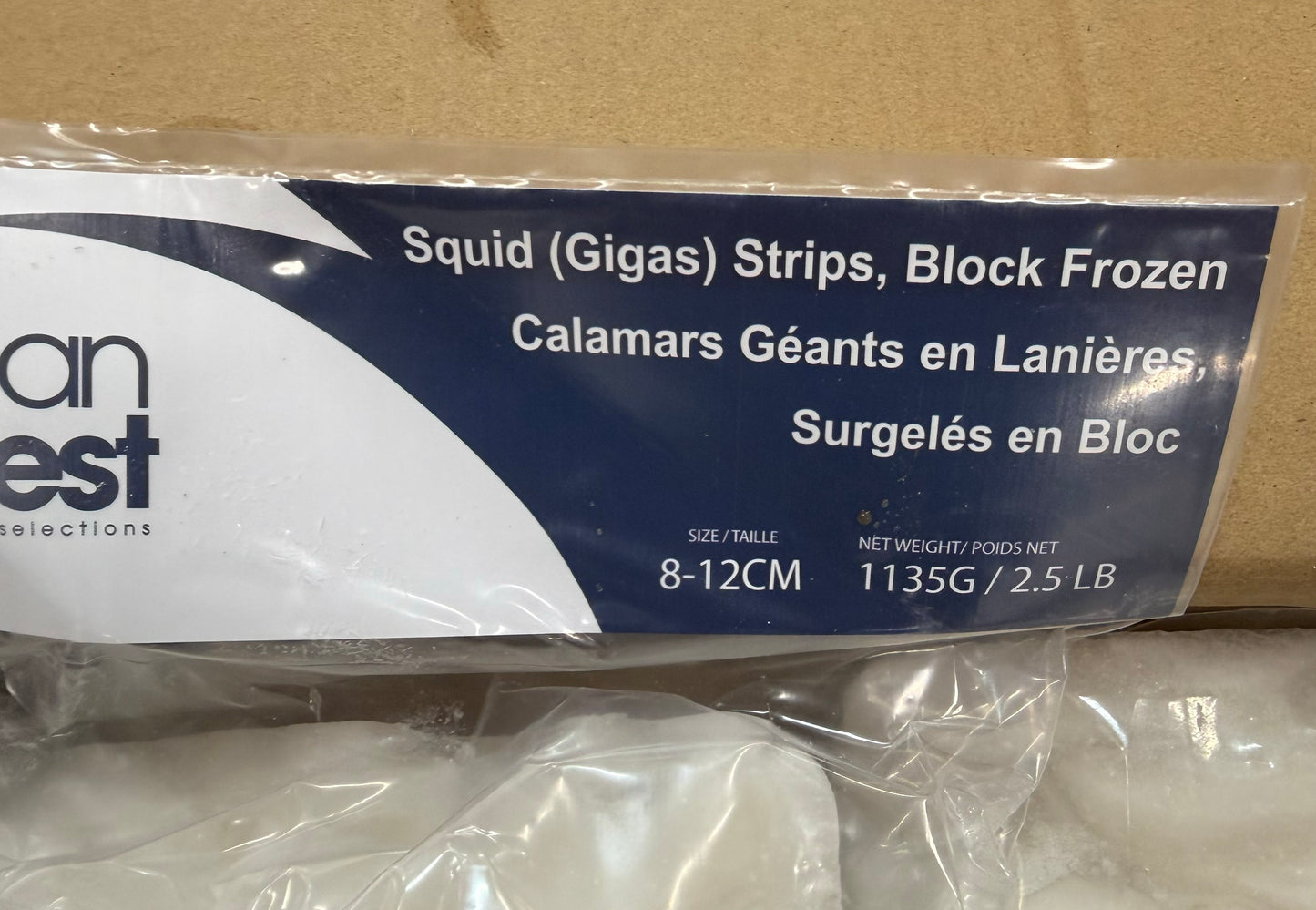 Squid (Gigas), 4-6 inch, Strips, Block, Frozen, China, NW, 10 lb, 4 x 2.5 lb