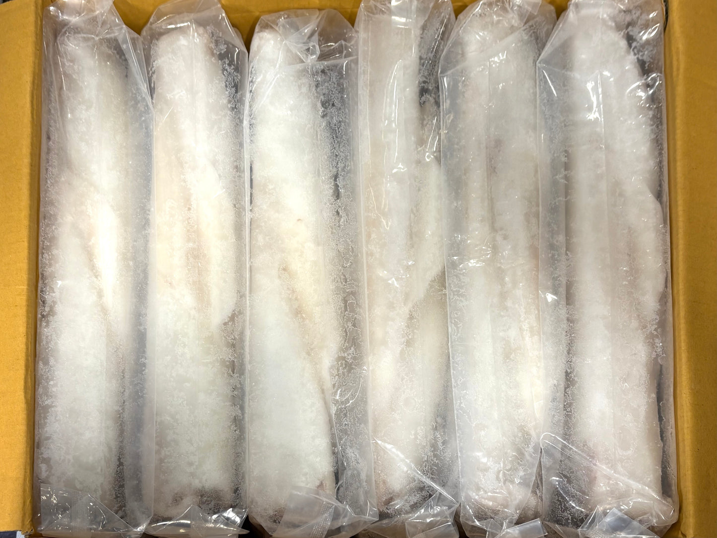 Six frozen squid arranged side by side inside a cardboard box, wrapped in clear plastic with visible frost or ice on the surface.