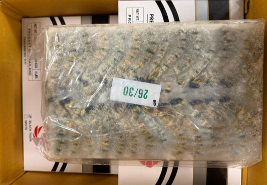 Shrimp (Black Tiger), 26-30, HLSO, Frozen, Block, Thailand, BT, NW, 24 lb, 6 x 4 lb