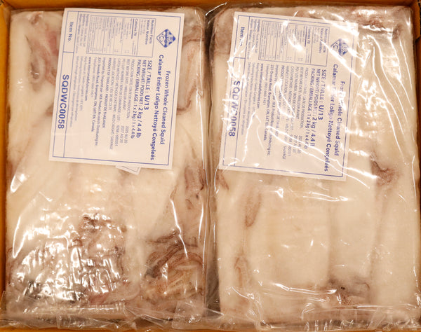 Squid (Loligo For.), U13, Whole, Cleaned, Frozen, Thailand, Blue Ocean, NW,12kg, 6 x 2kg (26.46lb)