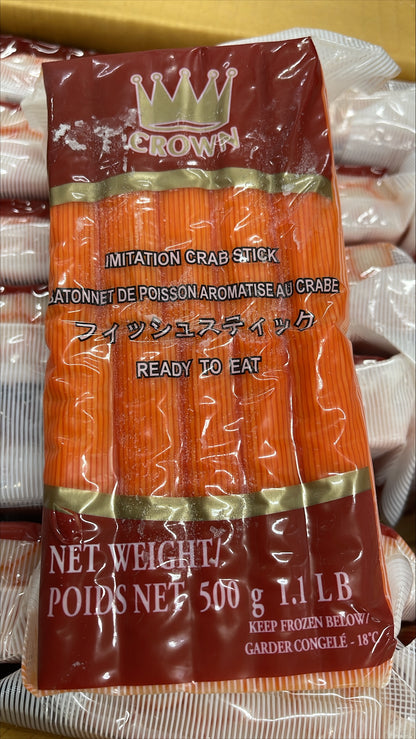 Packaged crabsticks in a freezer-safe bag with branding and product information displayed on the label.