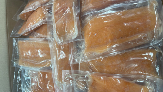 Salmon (Atlantic), 8 oz, Portions, Skinless, Boneless, Frozen, IVP, Norway, NW, 10 lb