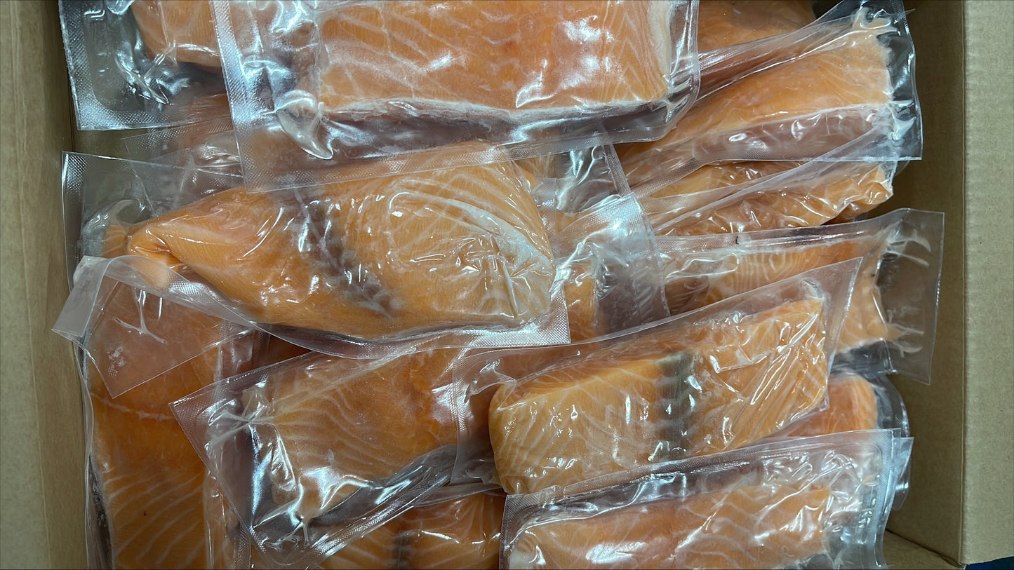 Salmon (Atlantic), 4 oz, Portions, Skinless, Boneless, Frozen, IVP, Norway,  NW, 10 lb