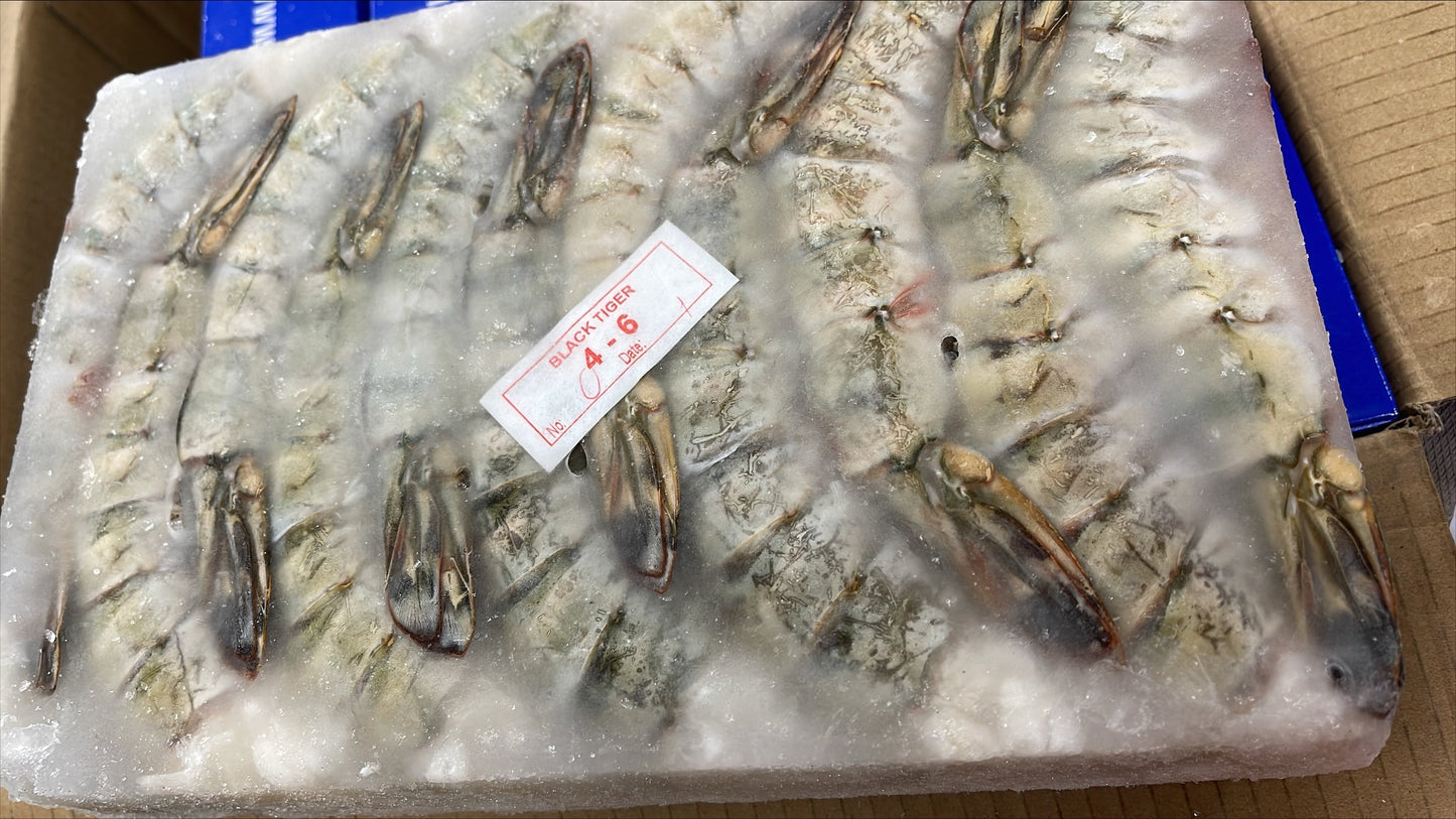 Shrimp (Black Tiger), 4-6, HLSO, Frozen, Vietnam, NW, 24lb, 6 x 4lb