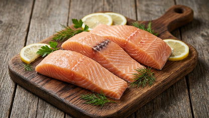 Salmon (Atlantic), 4 oz, Portions, Skinless, Boneless, Frozen, IVP, Norway,  NW, 10 lb