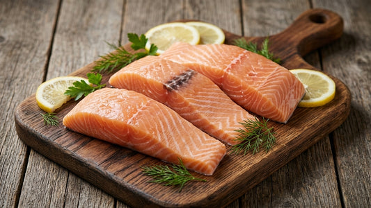 Salmon (Atlantic), 4 oz, Portions, Skinless, Boneless, Frozen, IVP, Norway,  NW, 10 lb